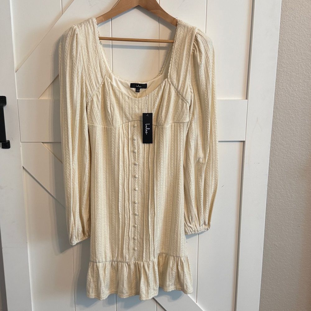 New Lulus Large Coveted Cream Pointelle Knit Long Sleeve Mini Dress Boho